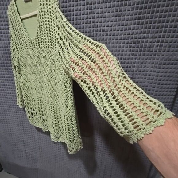 Y2K Green Crochet Sweater Top Sz2X Open Knit Boho Fairy Cottage Coastal Grandma - Picture 8 of 16